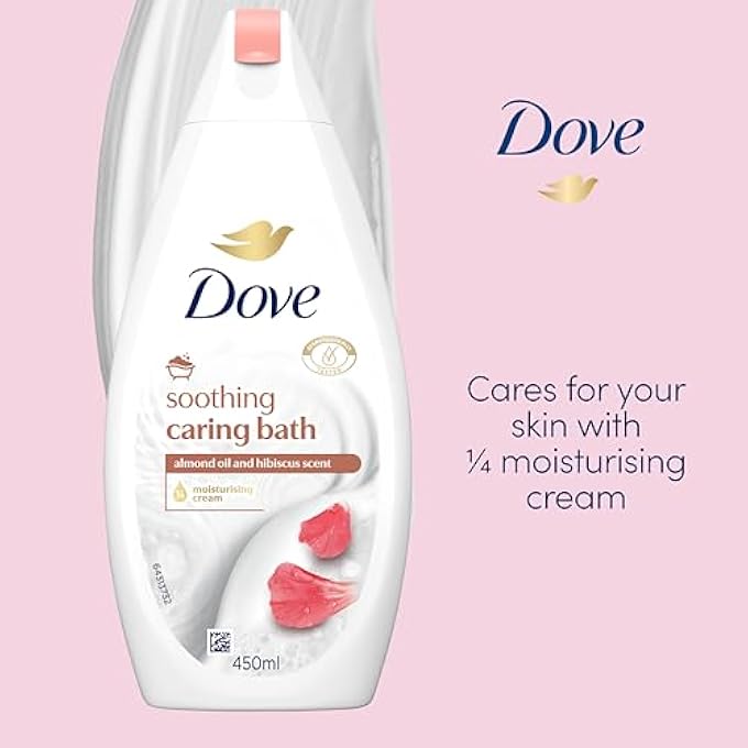 دوف حمام حمام Dove Soothing Caring Bath Suak مع كريم ترطيب 1/4، كريم اللوز والكركديه لحمام فقاعات فاخر 450 مل - Image 2